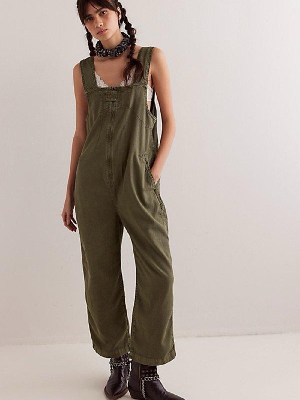 We The Free Olive Green Women's Jude Cotton Sleeveless Utility Jumpsuit Sz Med